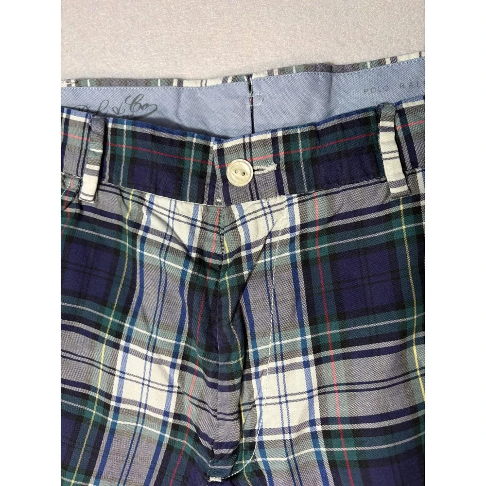 Polo Ralph Lauren Mens Slim GI Fit Plaid Shorts Navy Blue Green Cotton Size 32